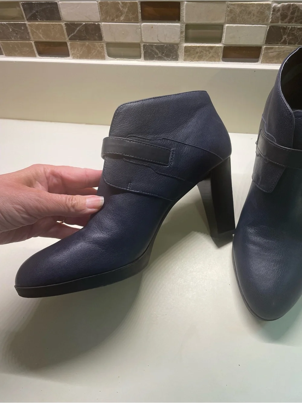 Franco Sarto Navy‎ Blue Buckle Ankle Booties with Heels, Size 9M